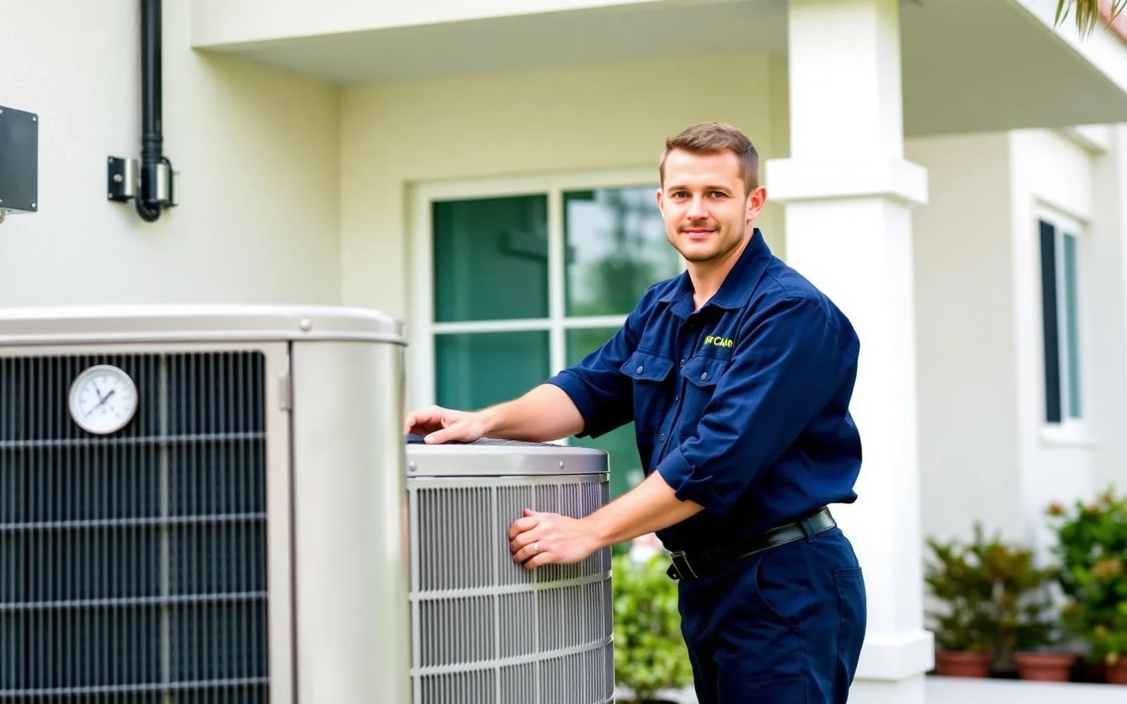 Technician servicing an outdoor air conditioning condenser unit