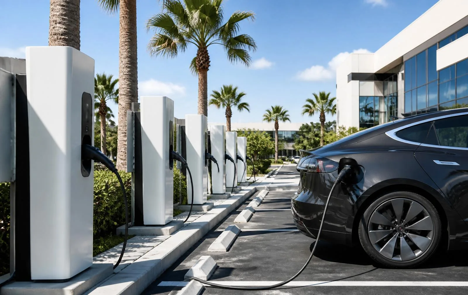EV charging stations installed in a modern commercial parking area