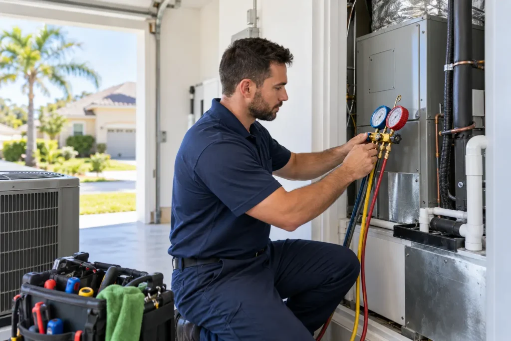 HVAC technician checking an air conditioning system for repair warning signs in an Orlando home