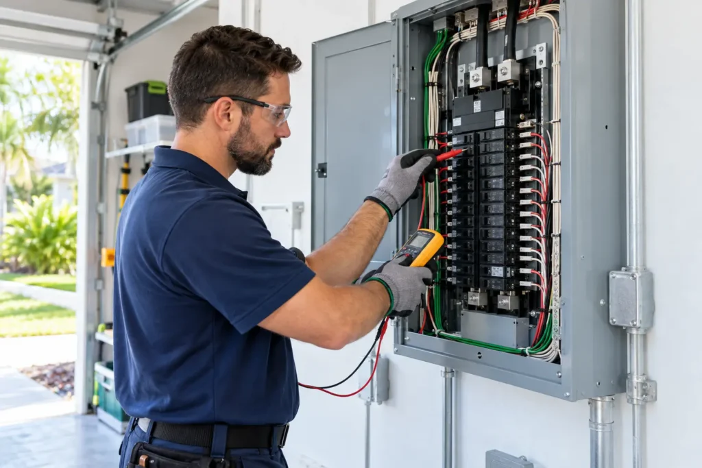Licensed electrician testing a residential breaker panel during an upgrade evaluation in Orlando Florida