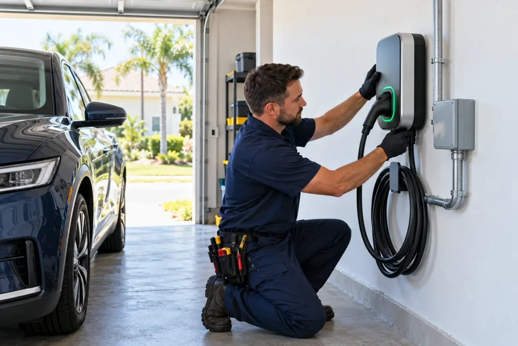 Licensed electrician installing a Level 2 EV charger in a modern Orlando Florida home garage