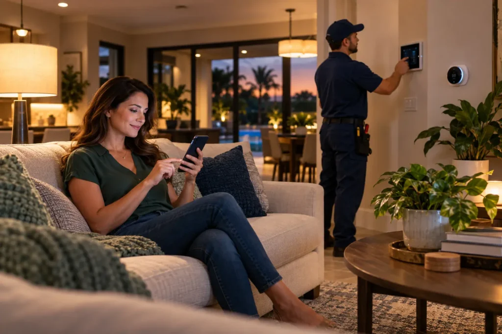 Florida homeowner using smart home controls while a professional installer configures lighting and climate automation